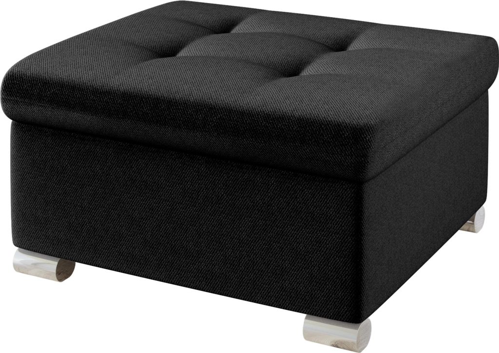 A black upholstered ottoman with tufted top and wooden feet, presented on a white background.