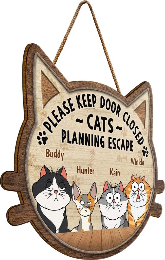 Schild „Katze plant Ausbruch“ – Bitte Tür geschlossen halten – Holzschild zum Einhängen – Willkommensschild – Einzugsgeschenk für Ka...