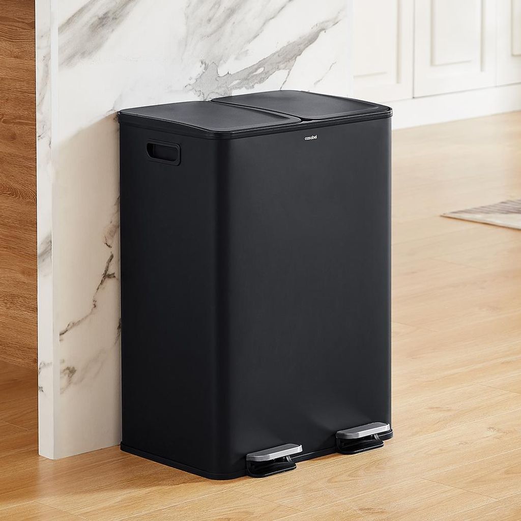 CASABEL Selektiver Sortierbehälter für Küchenabfälle 60L - 2 x 30 Liter, Doppelfächer, schwarzer Edelstahl, rechteckiger Pedal-Recyclingbehäl...