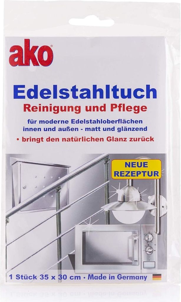 ako Edelstahltuch für moderne Edelstahloberfflächen - bring den natürlich Glanz zurück (35x30 cm) 1 Stück