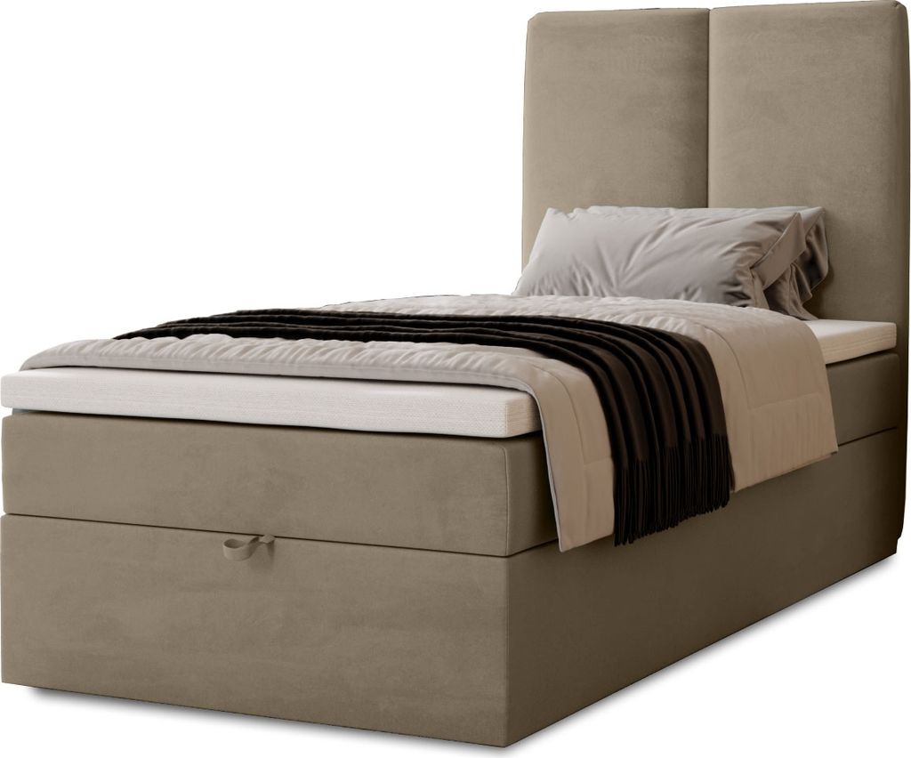 Boxspringbett Malmo mit Bettkasten, 90x200, Farbe: Hellbraun, Velourstoff, Doppelbett mit Bonell-Matratze inkl. Topper