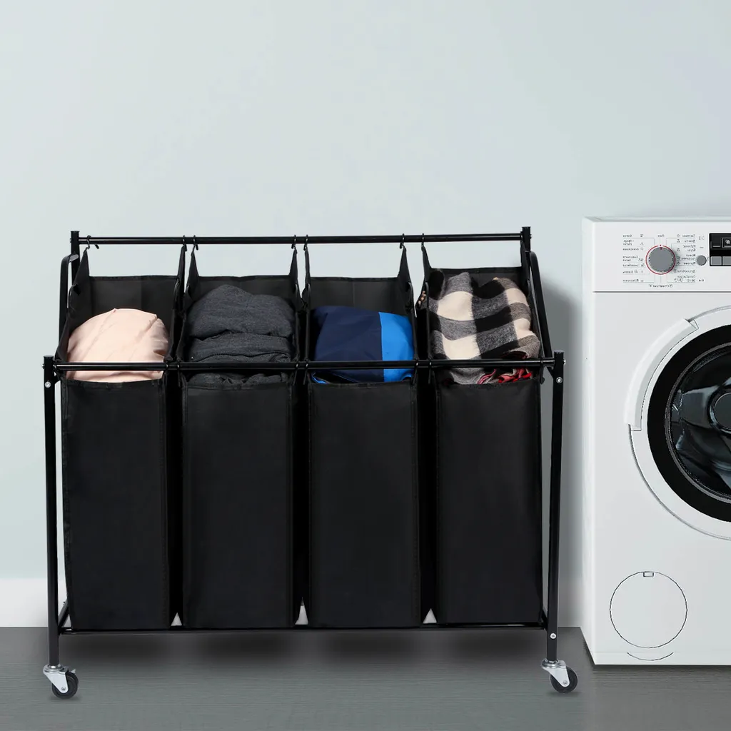 Bac à Linge avec Roulettes Freinées et 4 Compartiments de Tri Facile
