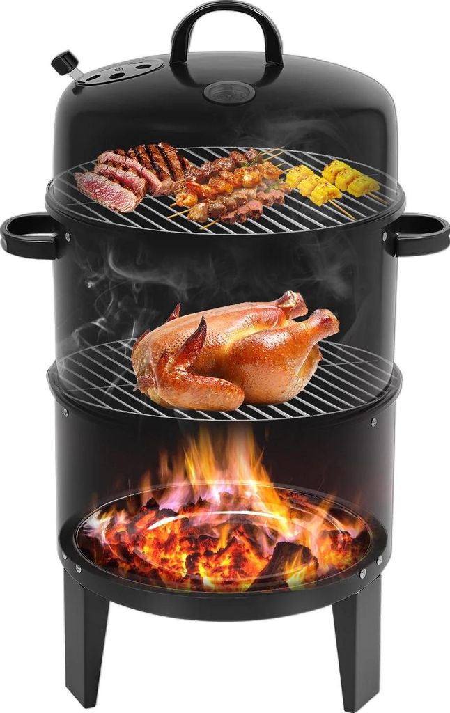 BBQ Smoker Holzkohlegrill - Tonnengrill Räucherofen - 84 cm mit Thermometer - Metall - für Fleisch Bacon Wurst Hähnchenflügel - schwarz