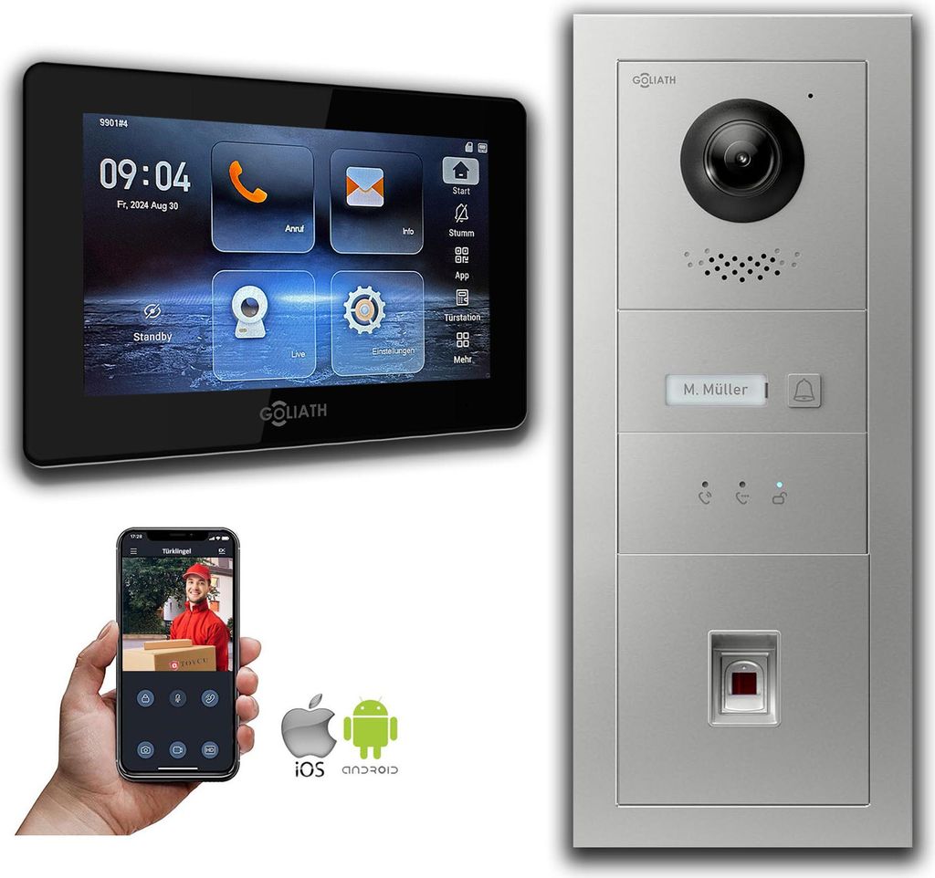 Goliath IP Video Türsprechanlage mit Kamera 7-Zoll Fingerprint Anzeige Silber : Unterputzdose : 7 Zoll in Schwarz : 1 Monitor Anzahl: 1 Monitor Fa...
