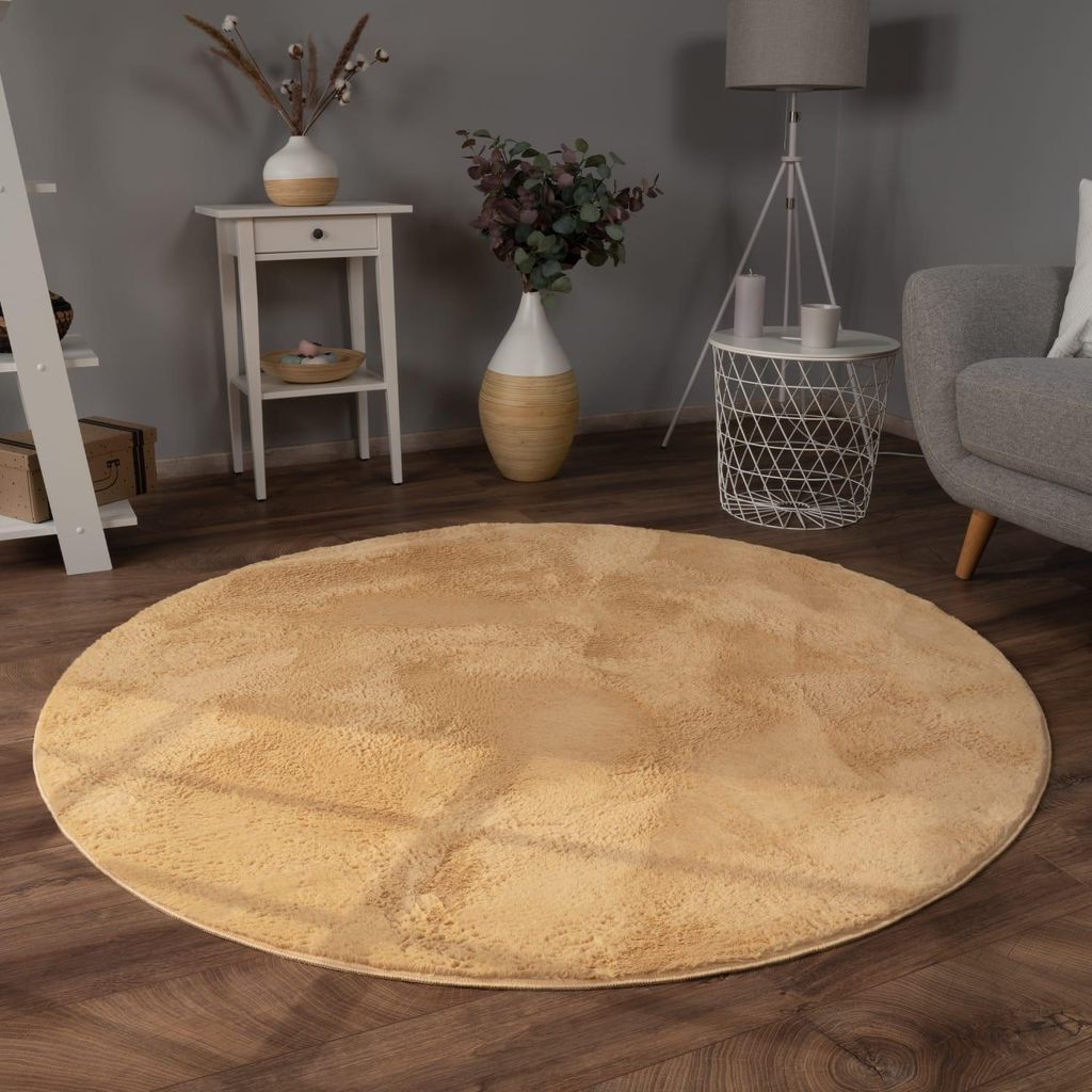 Teppich Kurzflor waschbar Einfarbig Wohnzimmer schmutzabweisend Gelb Rund 80D | 100% Polyester | Florhöhe: 10 mm | Maschinenwäsche, pflegeleicht