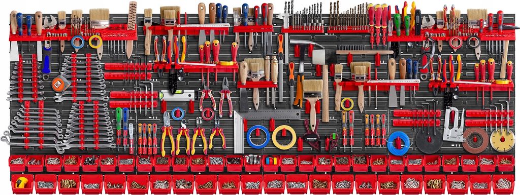 A wall-mounted tool organizer filled with various tools.