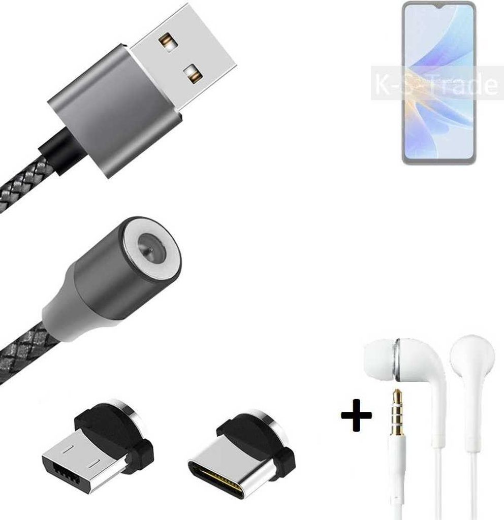 K-S-Trade Hochwertiges Magnet-Lade-kabel Sync-Kabel Daten-Kabel + Kopfhörer kompatibel mit Oppo A17 mit USB-Typ-C-Anschluss und Micro-USB-Anschluss
