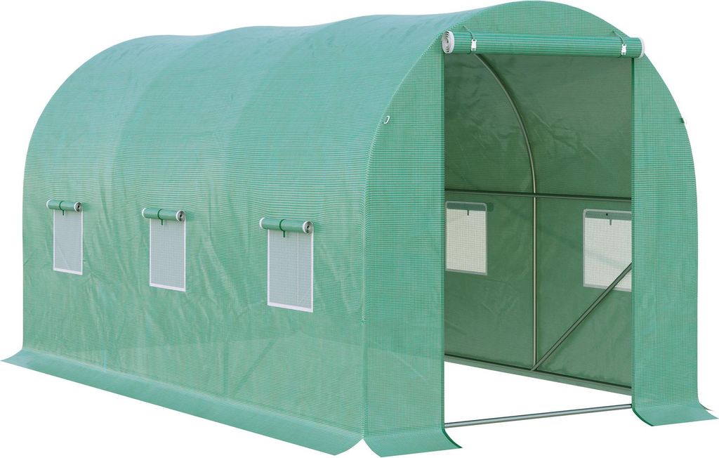 Rundbogen-Gewächshaus, 6 Netzfenster, transparente Folie, Metallrahmen, 3,95 x 1,95 x 1,90m, Grün