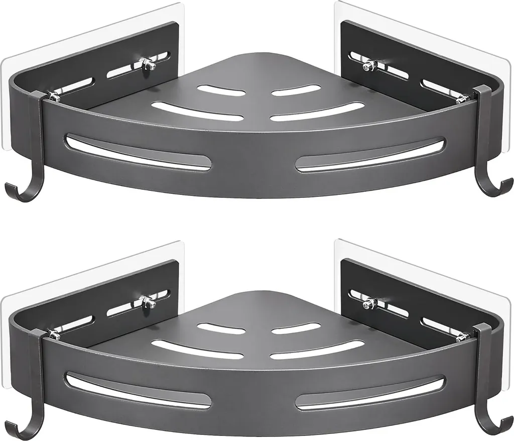 Etagère de salle de bain d'angle grise sans percer en aluminium x2