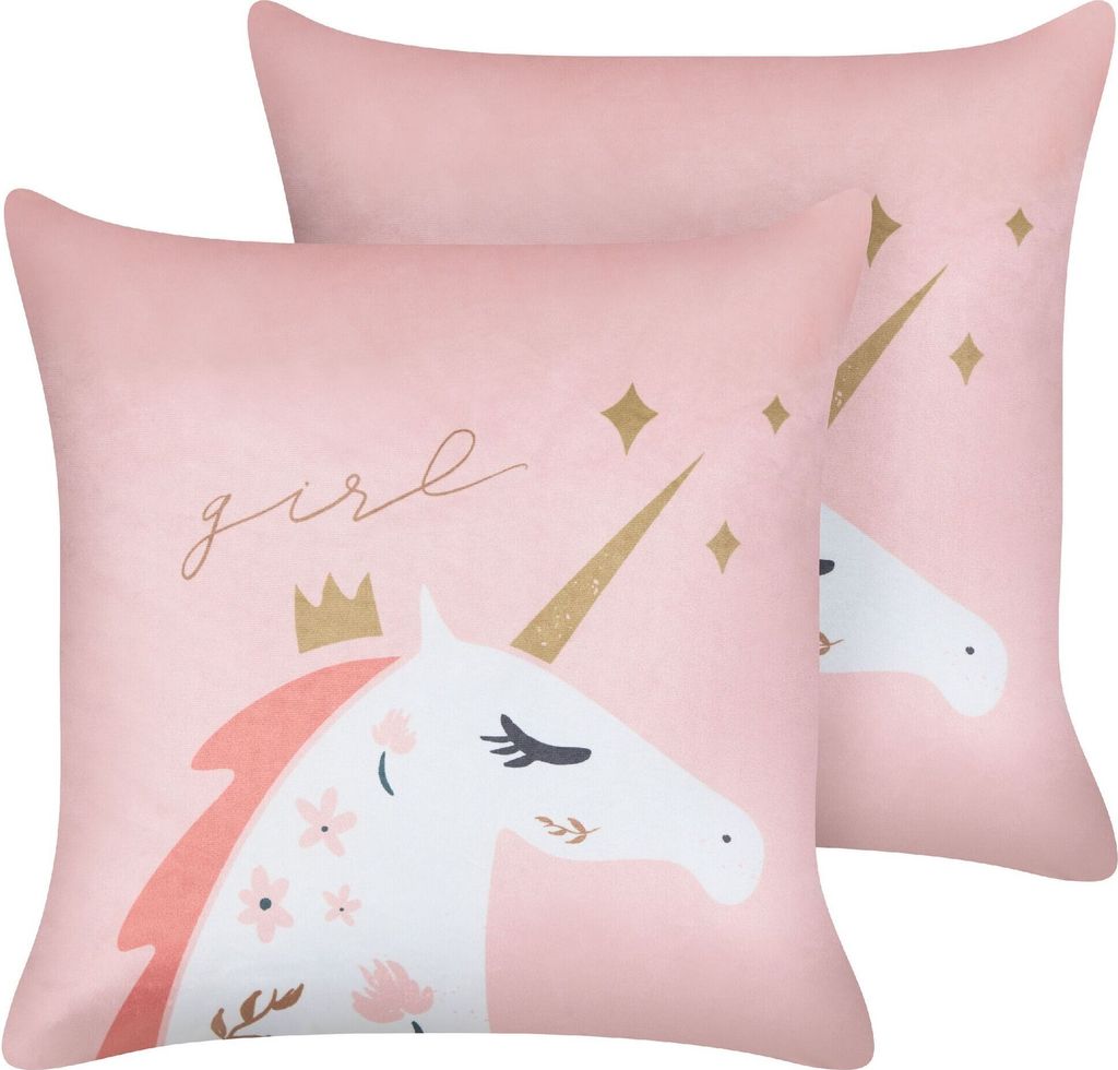 BELIANI Dekokissen 2er Set in Rosa aus Samtstoff 45 x 45 cm mit Einhorn Motiv Tiermotiv Kinderkissen Kissen für Kinderzimmer
