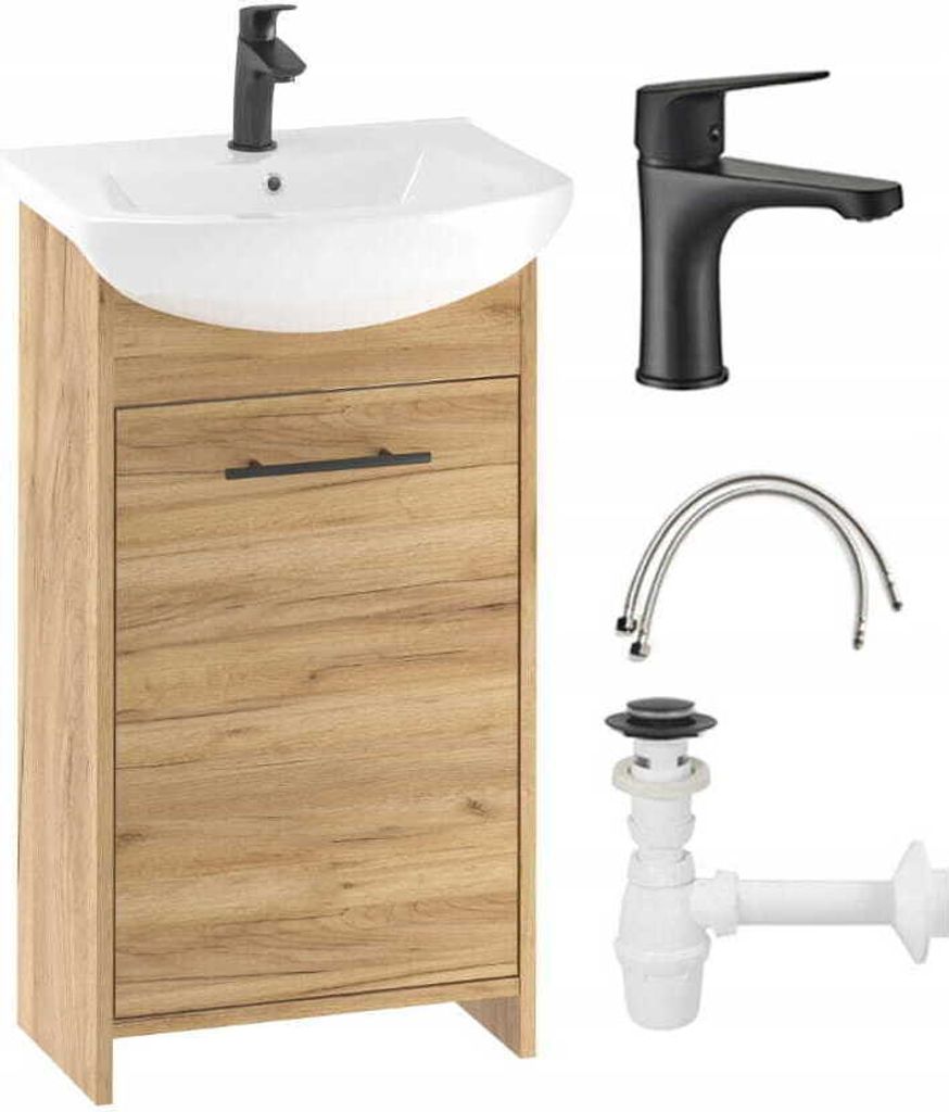 A bathroom vanity set with a sink, faucet, and plumbing components displayed against a white background.