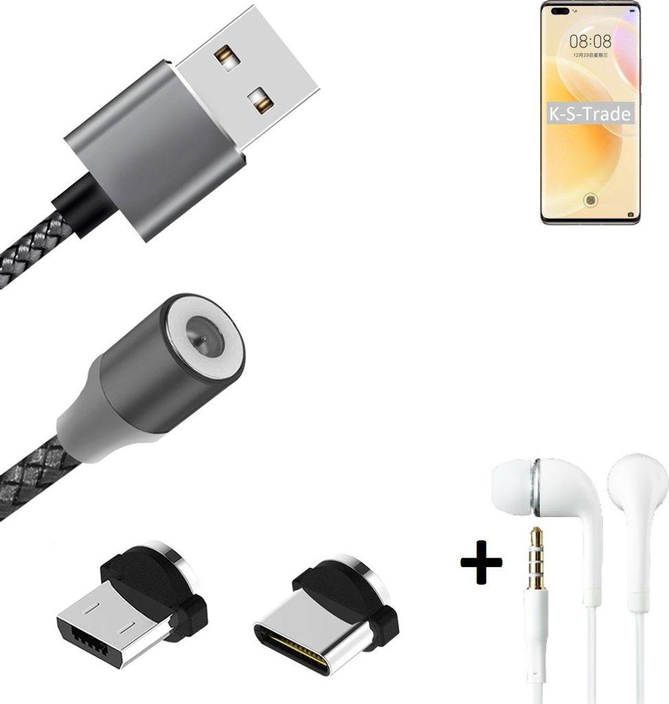 K-S-Trade Hochwertiges Magnet-Lade-kabel Sync-Kabel Daten-Kabel + Kopfhörer kompatibel mit Huawei nova 8 Pro 4G mit USB-Typ-C-Anschluss und