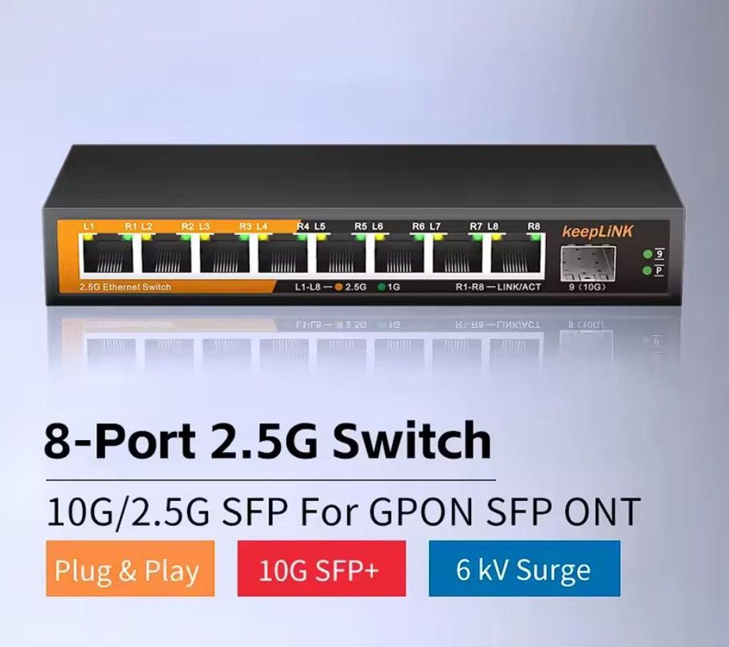 8-Port 2.5Gbit/s Netzwerk Switch mit 1x 10Gbit/s SFP+ Unmanaged Plug and Play