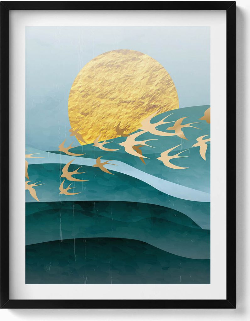 Illustration von goldenen Vögeln am Himmel– Wandbild mit Rahmen – Gerahmtes Bild – Wanddekoration – 60x80 cm – Schwarz Rahmen