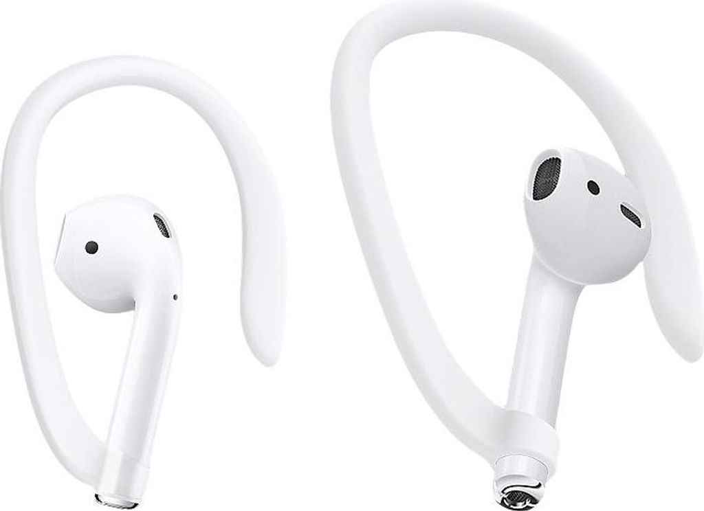 Two white silicone ear hooks designed to hold earbuds, shown against a white background.