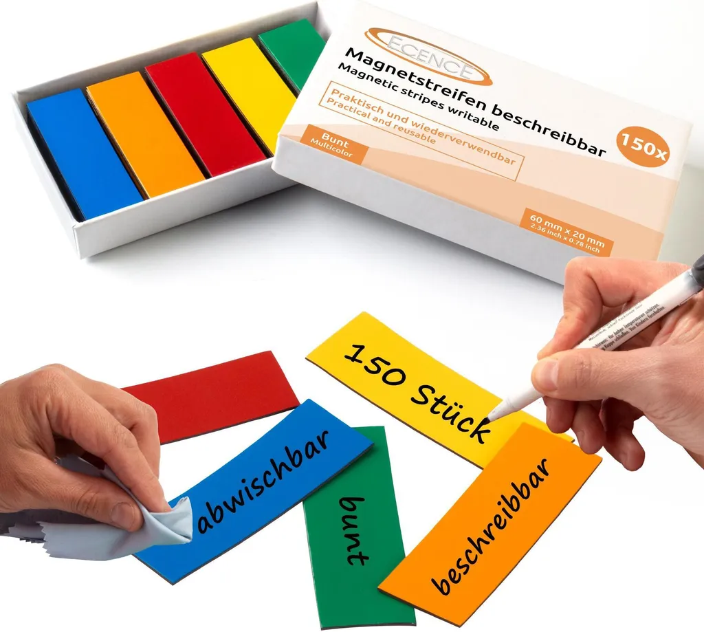 Marqueurs magnétiques pour planning et frigo 150 bandes 60x20mm effaçables