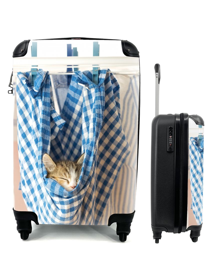 MuchoWow Koffer Handgepäck Trolley Rollkoffer Kleine Reisekoffer mit 4 Rollen - Katze - Geschirrtuch - Schlafen - Cabin Size < 55x40x23 cm & 55x...
