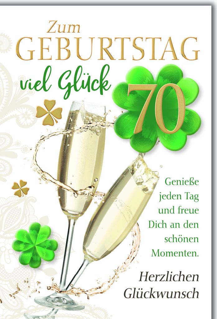 70. Geburtstag Glückwunschkarte mit Briefumschlag Sekt und Produktbild 