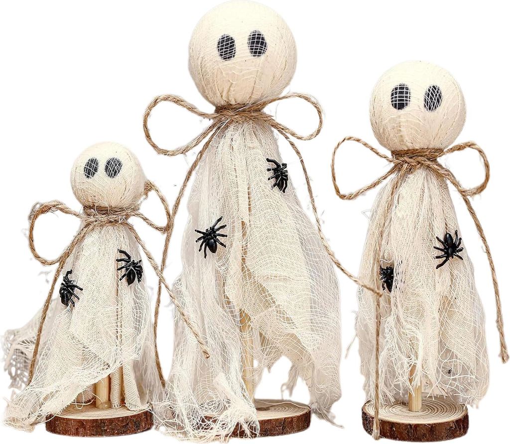 3 Stück rustikale Halloween-Geister-Dekoration, handgefertigte Geisterfiguren aus Holz und Stoff, 3 Größen, Bauernhaus-Stil, Regaldekoration, Pa...