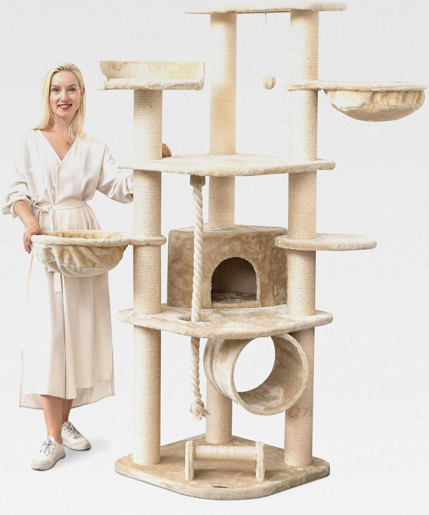 Kratzbaum für Katzen groß 181 cm hoch - Stabiler Kletterbaum Katzenbaum, Dicke Stämme mit 11 cm, Haus & Spieltunnel, große Liegemulden, Spietau...