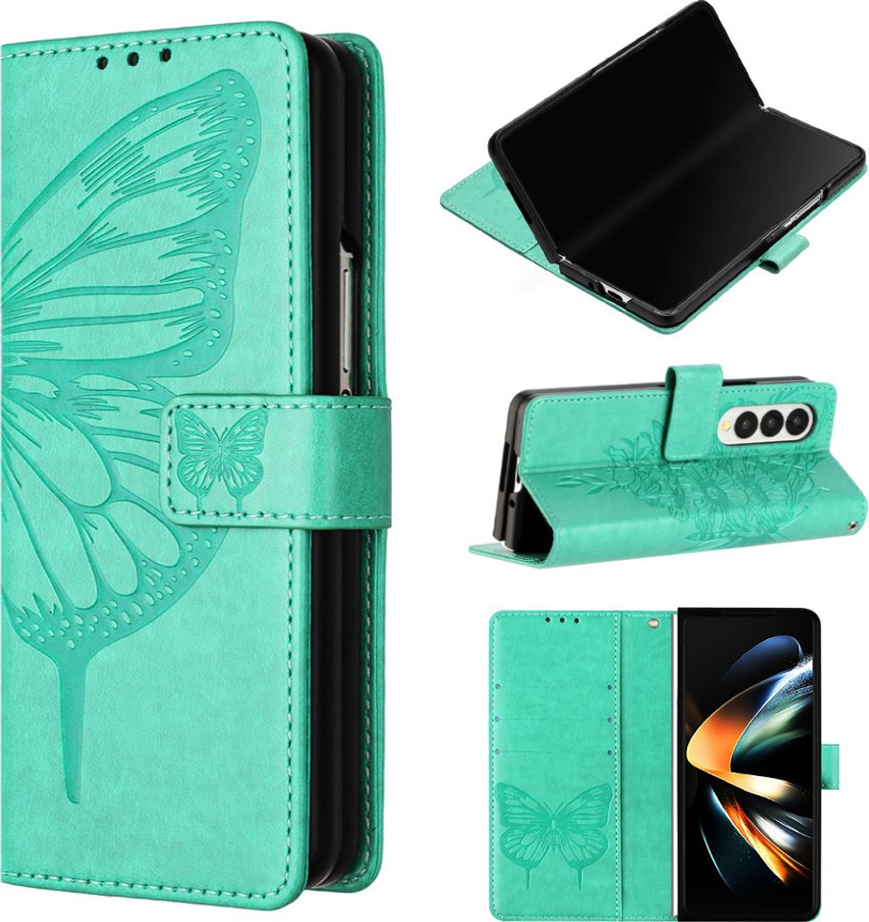 Galaxy Z Fold3 Hülle, Schmetterling Prägung Flip Leder Kartenfächer Schutzhülle Ledertasche mit Ständer für Samsung Galaxy Z Fold3 Grün
