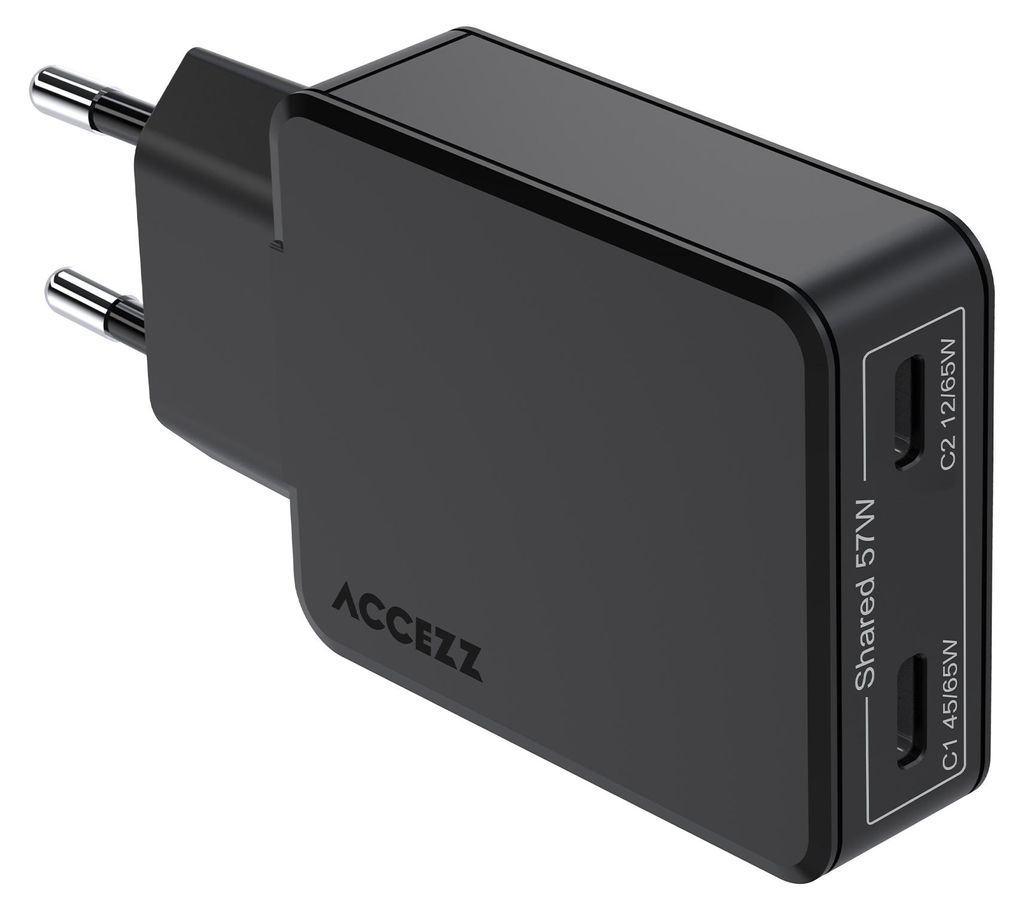 Accezz Ultra Slim GaN Oplader - 2x USB-C - 65W - Zwart Productafbeelding 