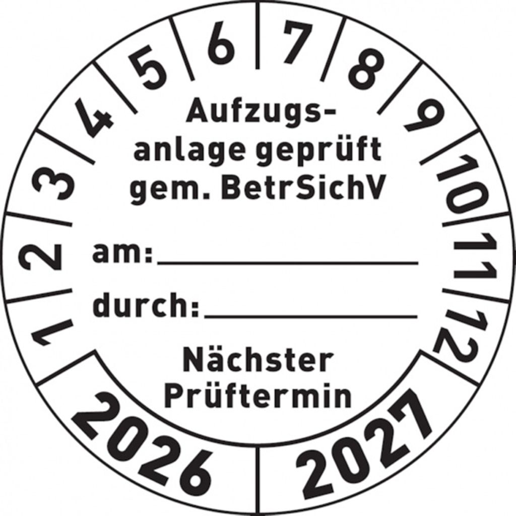 Dreifke Aufkleber Prüfplakette, Aufzugsanlage gem. BetrSichV, 2026/2...