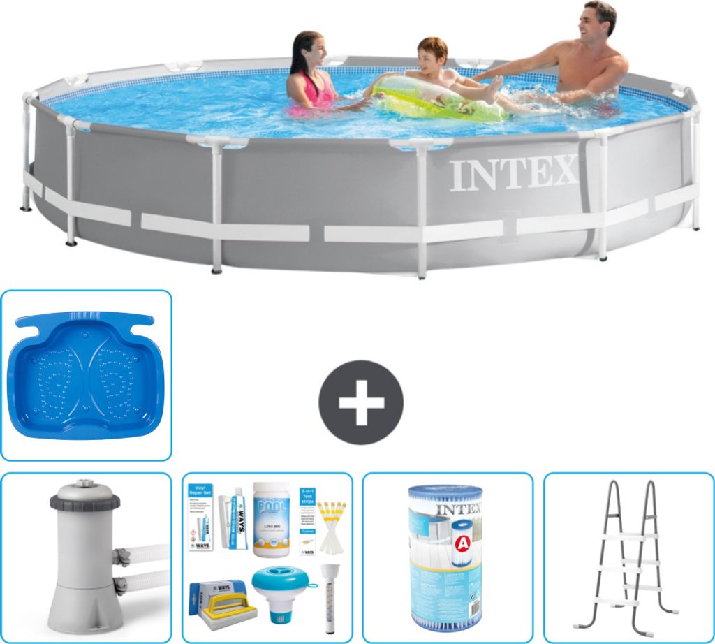 Intex Round Prism Frame Swimming Pool – 366 x 76 cm – Grau – inklusive Pumpe Wartungspaket - Filter - Leiter - Fußbad