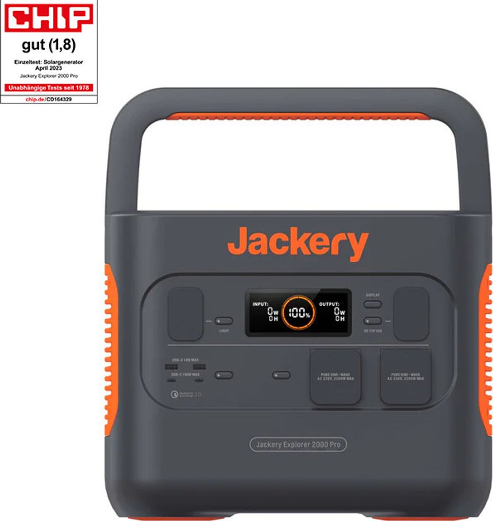 Jackery Explorer 2000 PRO, 2160Wh 2200W Tragbare Powerstation Solarspeicher Stromerzeuger Mobile Solaranlage Schnellladung in 2 Std. für Camping