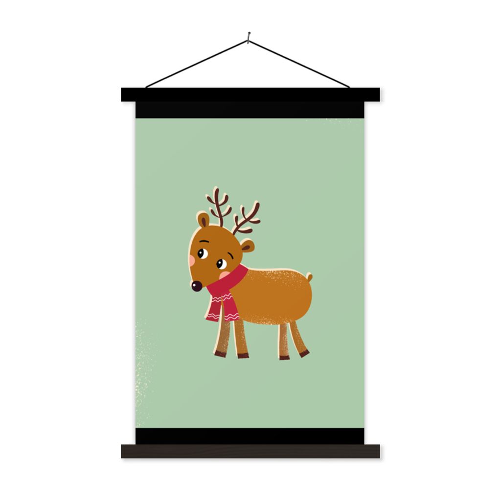 MuchoWow Textilposter Rentier - Weihnachten - Winter - Grün 60x90 cm mit schwarzem Rahmen - Poster Wohnzimmer