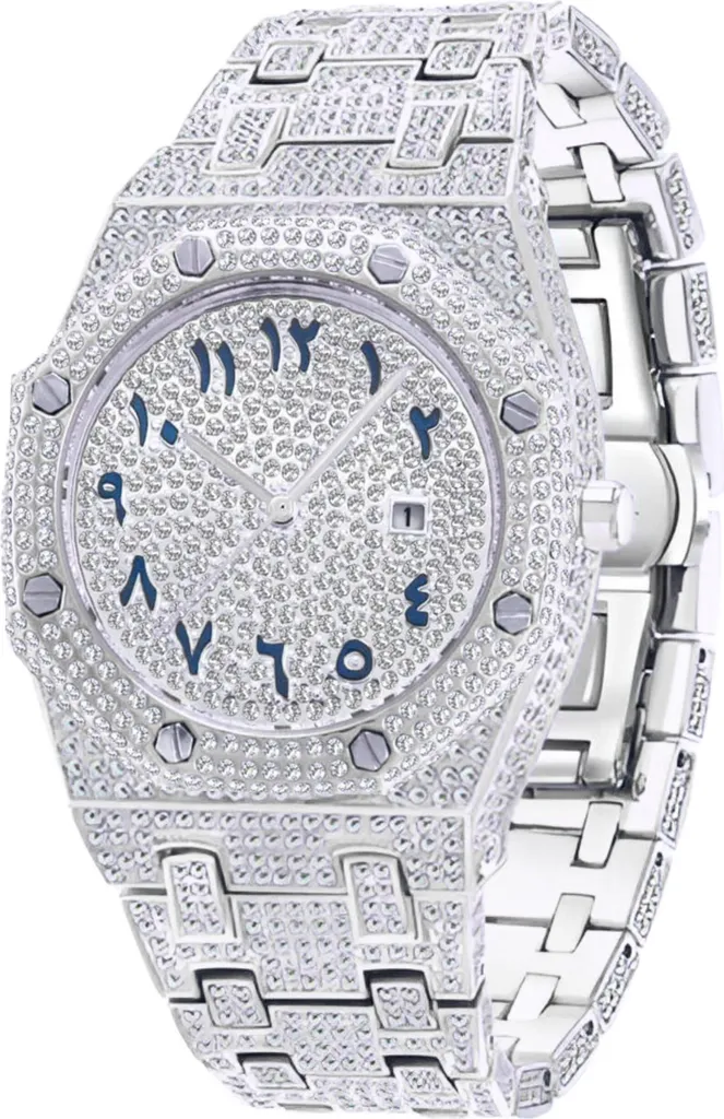 Montre Iced Out Homme Durable en Acier Inoxydable Chiffres Arabes
