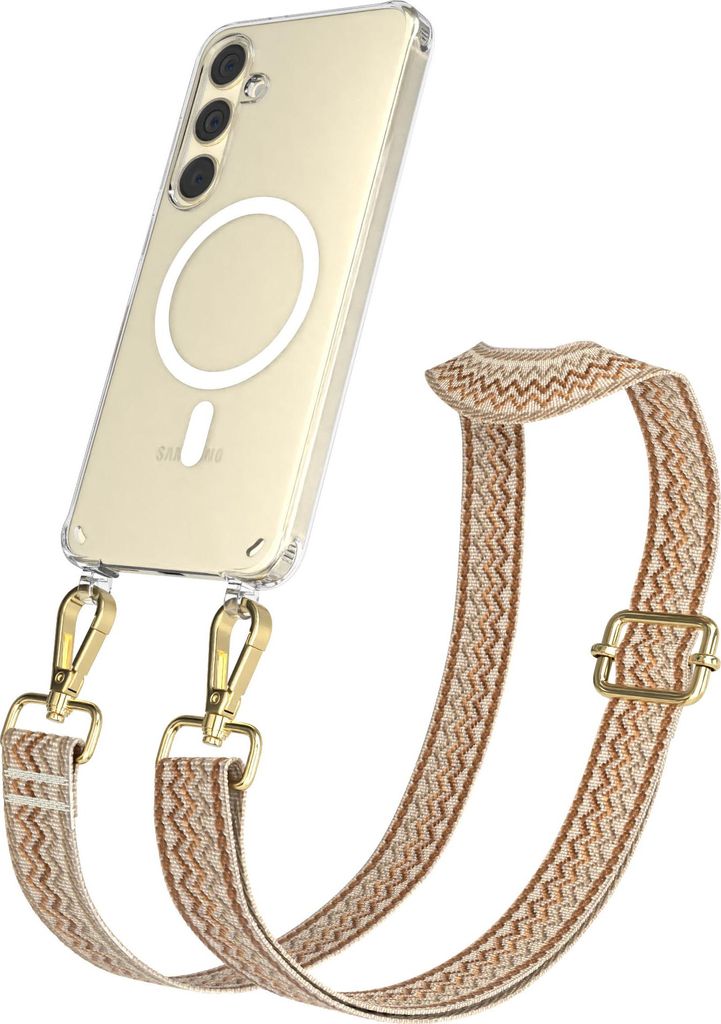 EAZY CASE - Handykette mit MagSafe Hülle für Samsung Galaxy S24 Plus, Handyband Wave Style, Karabiner Gold, Umhängeband in Braun