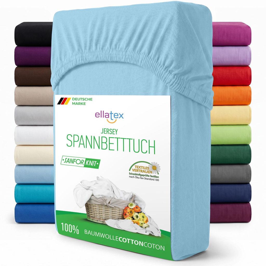 EllaTex Jersey Spannbettlaken 90x200–100x200 Baumwolle – weich, atmungsaktiv, Spannbetttuch mit Rundumgummi, in Farbe: Hellblau