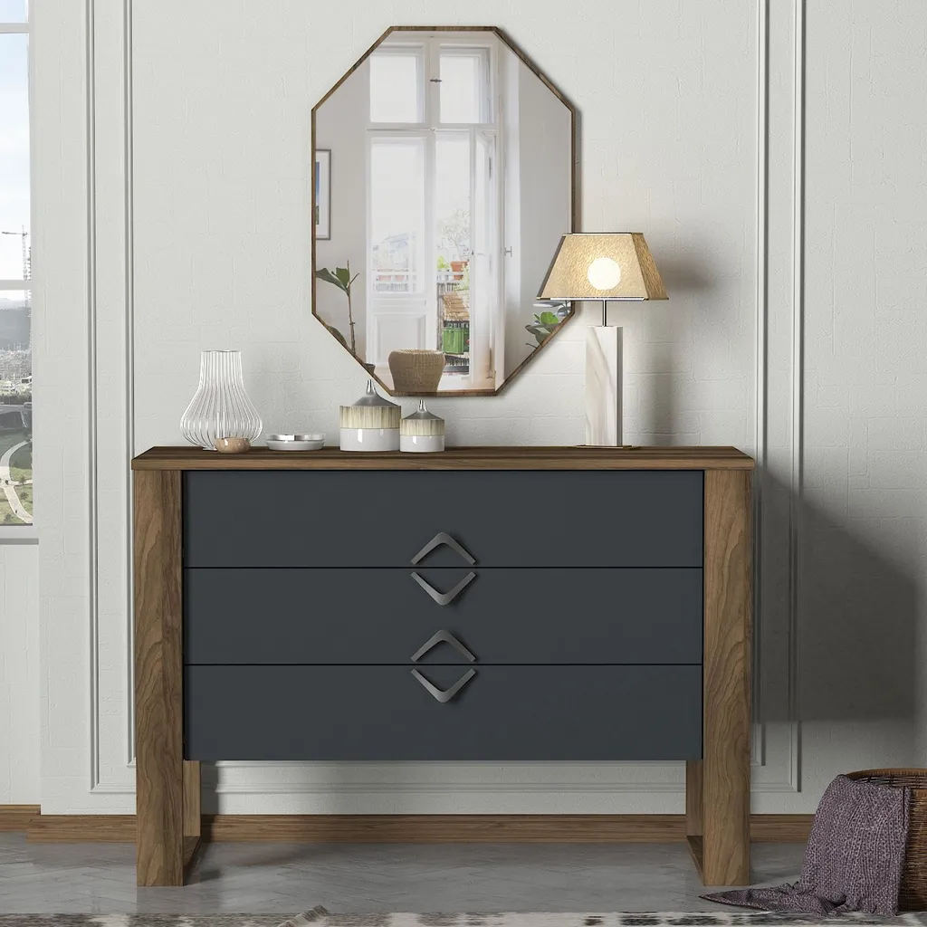 Buffet bas Commode 3 Tiroirs Noyer Anthracite Bumerang Skye Decor