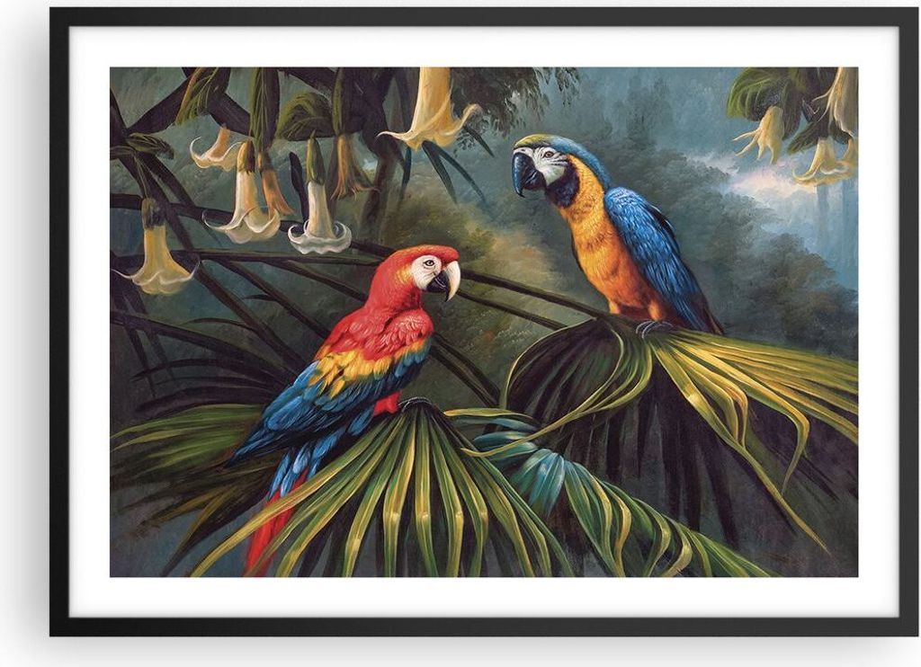 Gerahmtes Poster - Schwarzer Rahmen - Ara Papageien Palmen - 70x50 cm - Wand Bild - Wanddeko - Wandbilder - Kunstposter - Wandposter - Bilderrahmen...