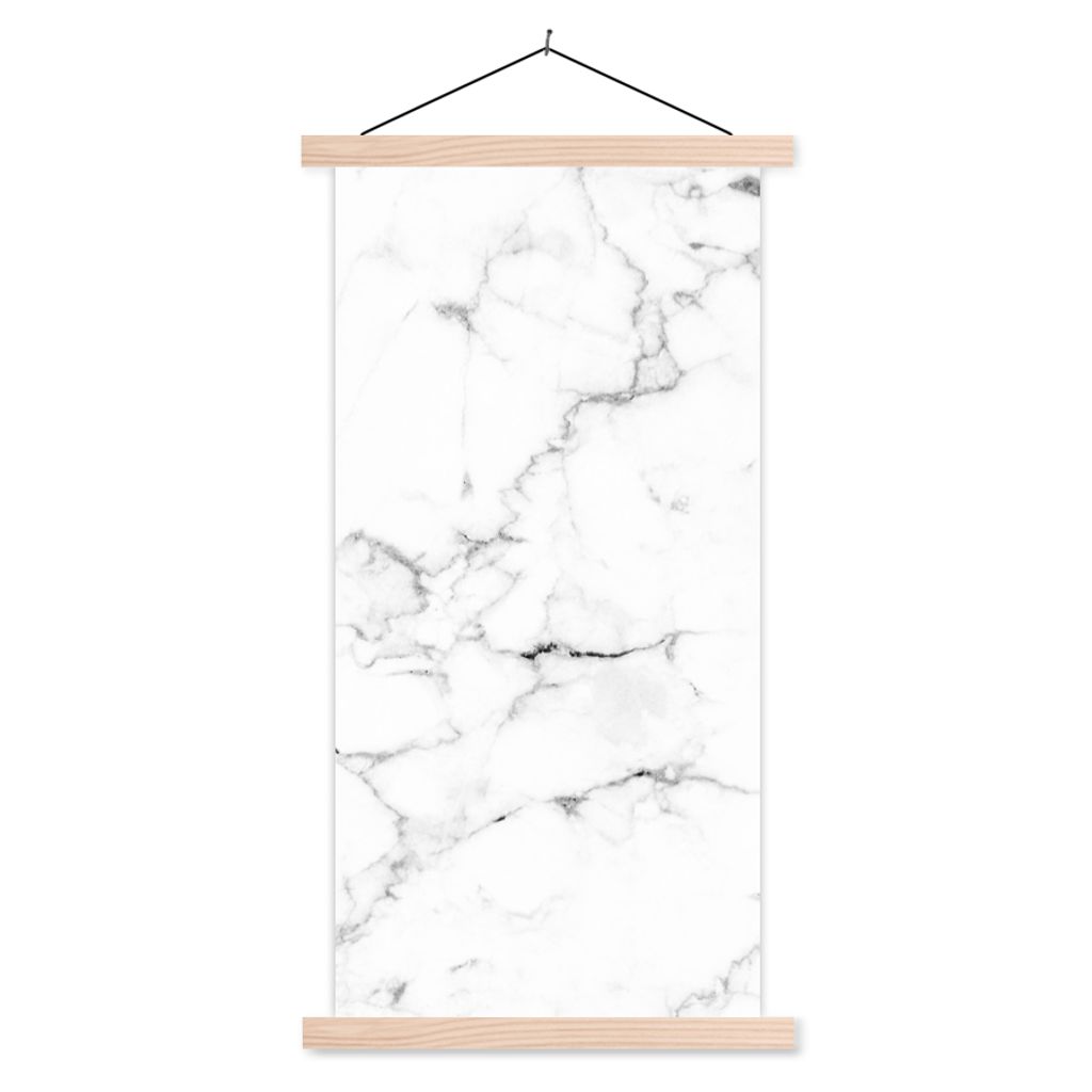 MuchoWow Textilposter Marmor - Weiß - Grau - Luxus - Marmoroptik - Strukturiert 60x120 cm mit holzfarbenen Rahmen - Holz