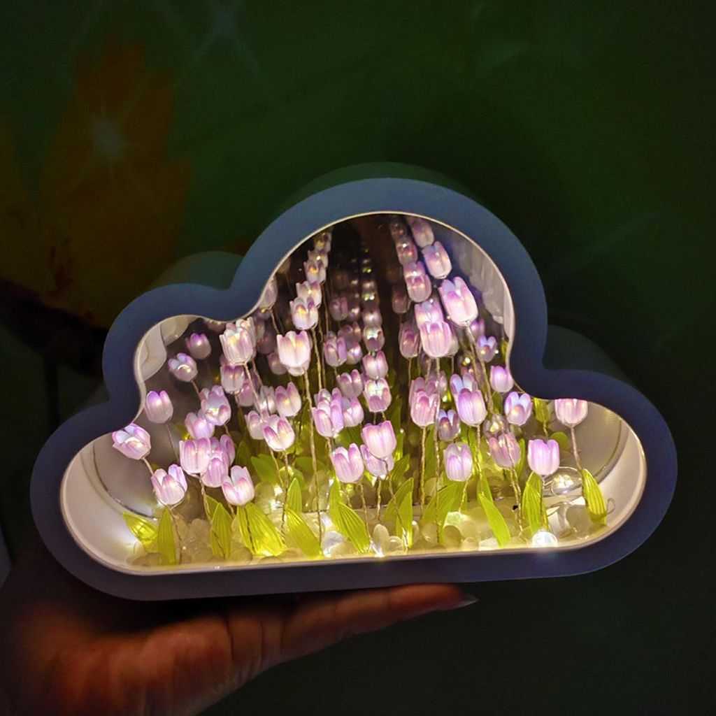 DIY Tulpenwolken-Tischlampe LED, handgefertigte Tulpen-Tischlampe, Schreibtischdekoration (20 Blumen, ohne 2 AA-Batterien),pink