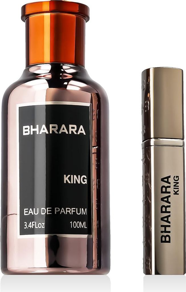 Two bottles of perfume, one large and one small, are displayed against a white background.
