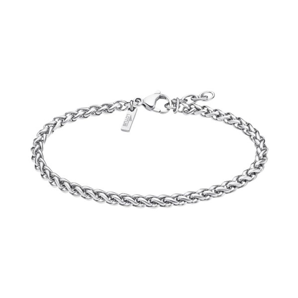 A silver-colored stainless steel bracelet with a wheat chain pattern and a small rectangular tag with a logo.
