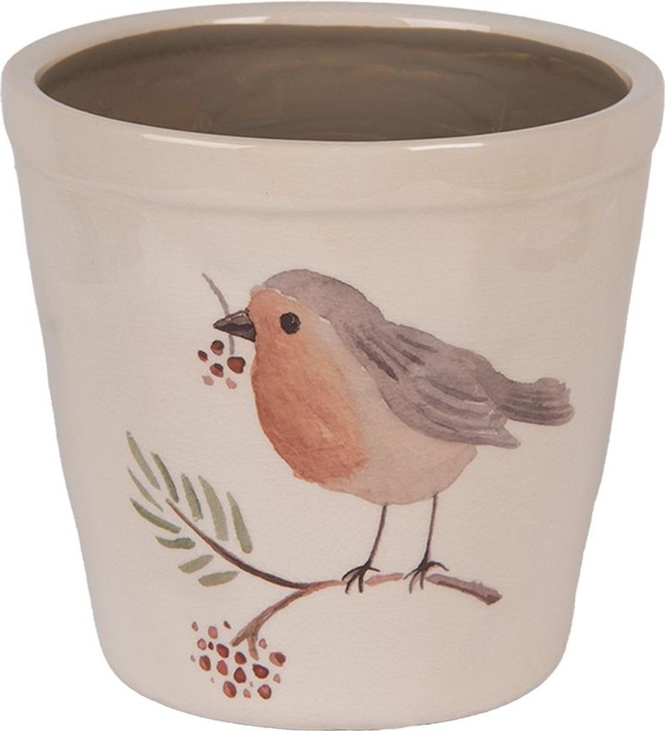 A ceramic pot with a painted robin on it.