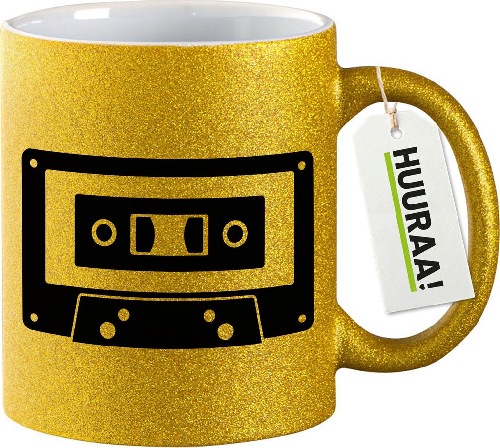Huuraa Glitzertasse Kassette Tape 330ml Gold Keramik Kaffeebecher Geschenkidee