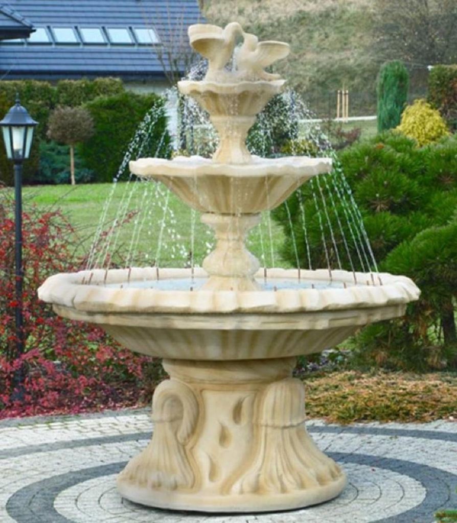 Casa Padrino Jugendstil Springbrunnen mit Tauben Sandfarben Ø 155 x H. 182 cm - Prunkvoller Gartenbrunnen - Gartendeko Brunnen - Barock & Jugendst...