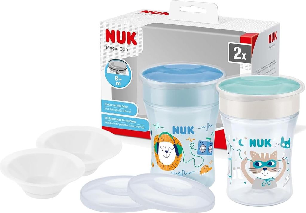 NUK Magic Cup 2er Set – Löwe & Katze, 230ml + 2 Ersatzdeckel & 2 Trinktüllen – -frei, auslaufsicherer Baby Trinkbecher