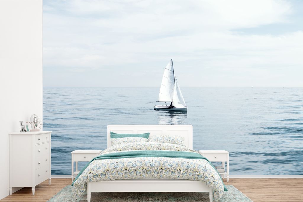 MuchoWow Fototapete für Wohnzimmer oder Schlafzimmer Wandtapete Vinyl Motivtapete Meer - Segelboot - Blau - 525x350 cm - Das Hintergrundbild