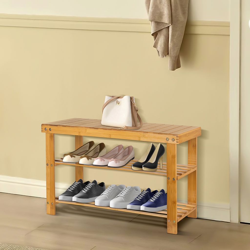 Schuhregal,Schuhschrank mit Sitzbank, Bambus Schuhbank mit 2 Ablagen,für Flur, Bad, Wohnzimmer, Diele 70x27x42cm