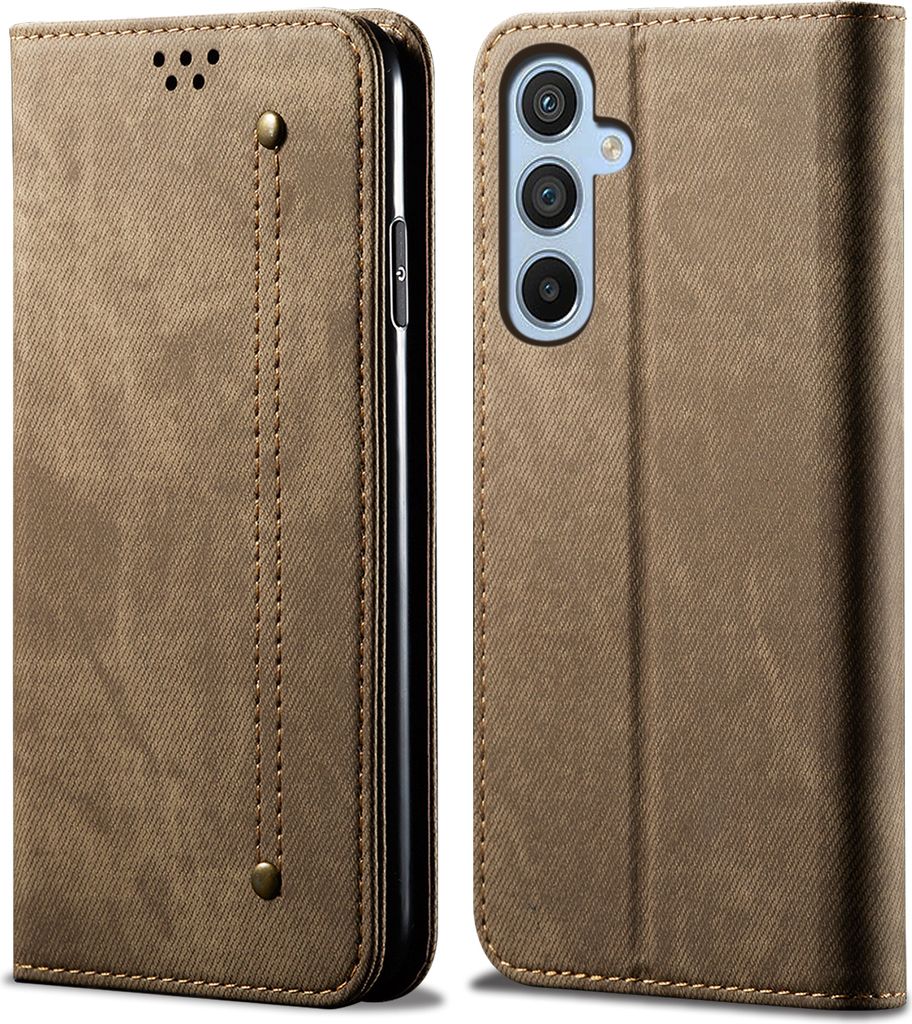 Hülle für Samsung Galaxy M55 Leder Brieftasche Flip Bookstyle Schutzhülle mit Standfunktion Khaki