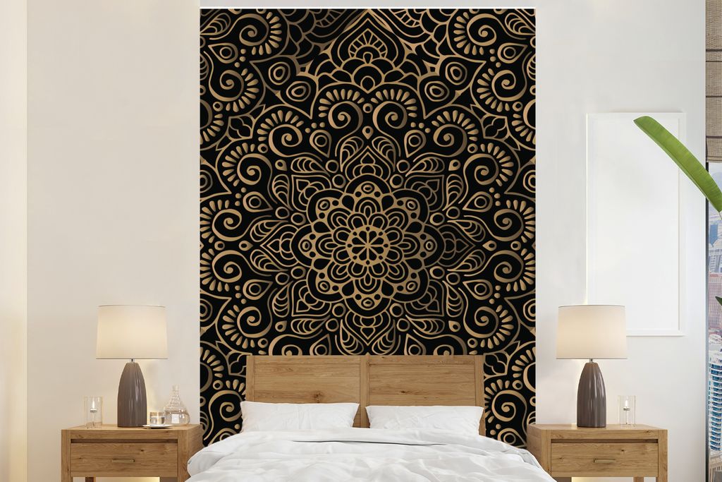 MuchoWow Fototapete für Wohnzimmer oder Schlafzimmer Wandtapete Vinyl Motivtapete Goldenes Muster auf schwarzem Hintergrund - 195x300 cm - Das H...