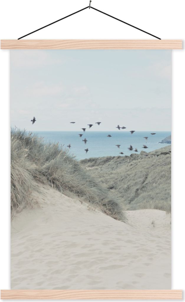 MuchoWow Textilposter Strand - Vogel - Meer 120x180 cm mit holzfarbenen Rahmen - Textil-Plakat