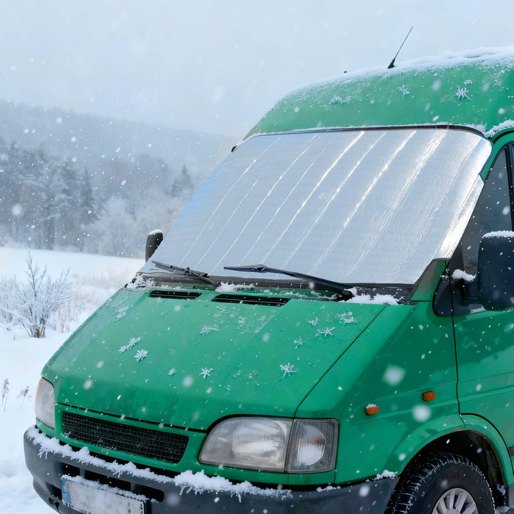 A green van parked in a snowy landscape with a reflective sunshade on the windshield.