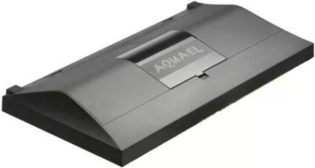 A black aquarium hood with the brand name 'AQUAEL' visible.